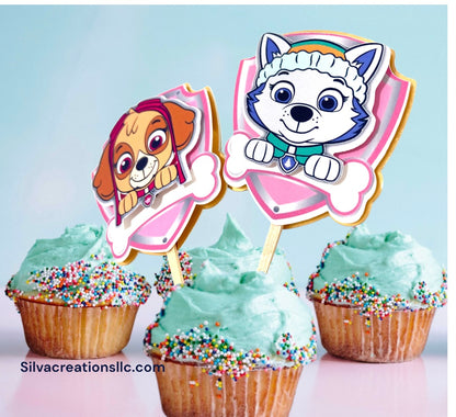 Paw patrol inspired cupcake toppers -Chase paw patrol cupcake toppers - Skye pink paw patrol cupcake toppers